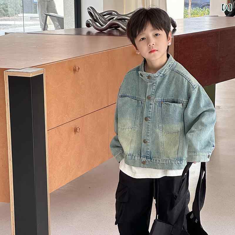 子供服 男女兼用 牛仔ジャケット 韓国風 砂洗い 復古 スタンドカラー ショート丈 トップス 綿混 ポリエステル ストレッチ 柔軟 酵素洗い トレンド 春夏 秋 ブルー 中小童 3～8歳 90～140cm 日常使い カジュアル 軽量 通学