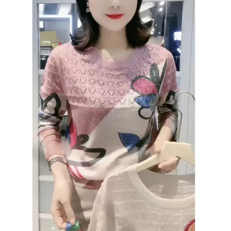セーター 女性用 ピンク アイボリー 丸首 長袖 花柄 ラインストーン ワイドシルエット ゆったり 通勤スタイル 気質 普段使い 軽量 ポリエステル 伸縮性 トップス インナー 秋冬 柔らかい素材 カジュアル シンプル 花プリント
