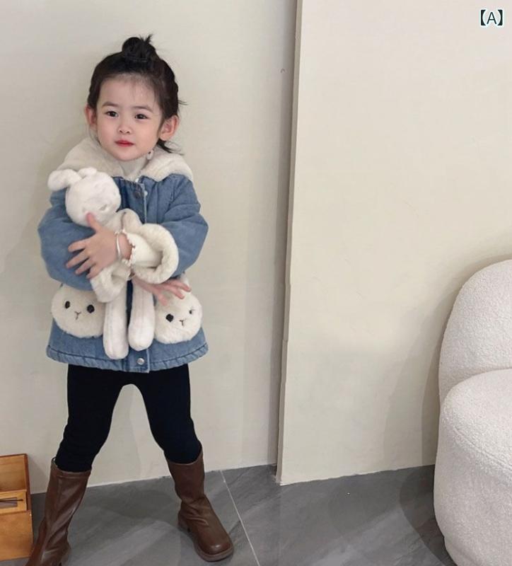 女児 秋冬 コート ジャケット デニム 厚手 フード付き 長袖 コットン混紡 綿素材 柔らかい かわいい 韓流スタイル プルオーバー ショート丈 女の子 子供服 女童 冬用 暖か 3-8歳 90-140cm
