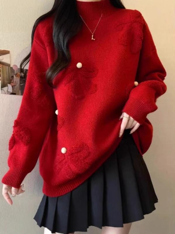ニットセーター 女性用 秋冬 大きいサイズ ゆったり スリム効果 中長丈 針織トップス コットンポリエステル 花柄 赤 ピンク ホワイト ラウンドネック ロングスリーブ ゆったりシルエット 韓国風カジュアル 快適 日常使い レイヤードスタイル