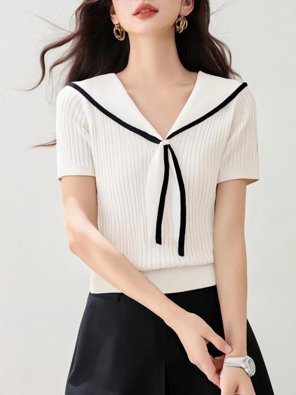 ニットトップス 女性用 夏 日韓カジュアル 丸首 短袖 綿 ポリエステル 白色 グレー 単品 基本款 普通丈 セットアップ 吸湿速乾 通勤 普段使い 軽量 伸縮性 シンプル 純色 涼しい ソフト素材