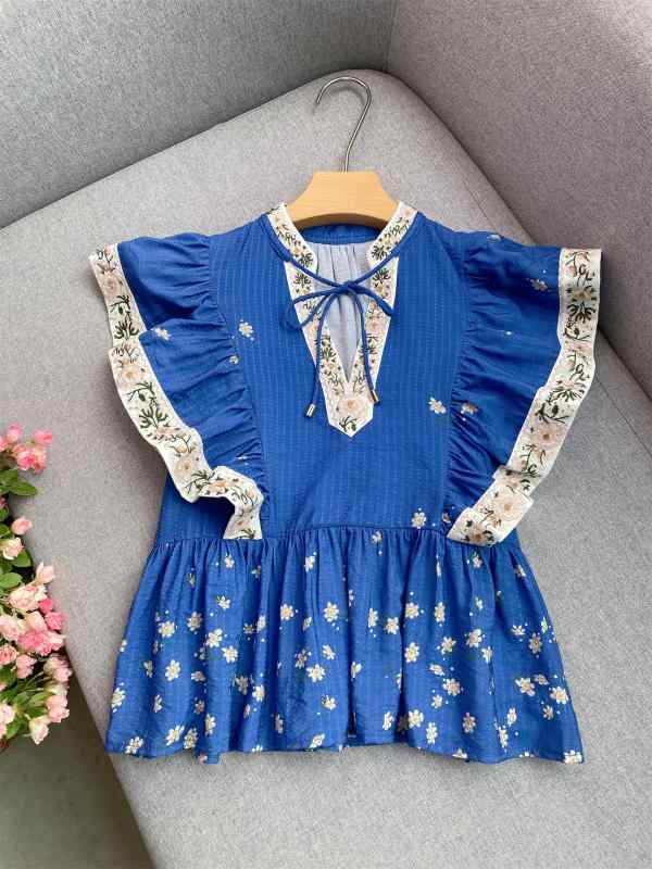 Tシャツ レディース 短袖 Vネック 切り替え フラワー刺繍 ブルー コットン 綿素材 夏 春夏 復古風 ボヘミアン 芸術的 軽量 通気性 吸湿性 細系帯 花柄プリント トップス ブラウス かわいい 女性用 日常使い カジュアル ボートネック プルオーバ 10,284円