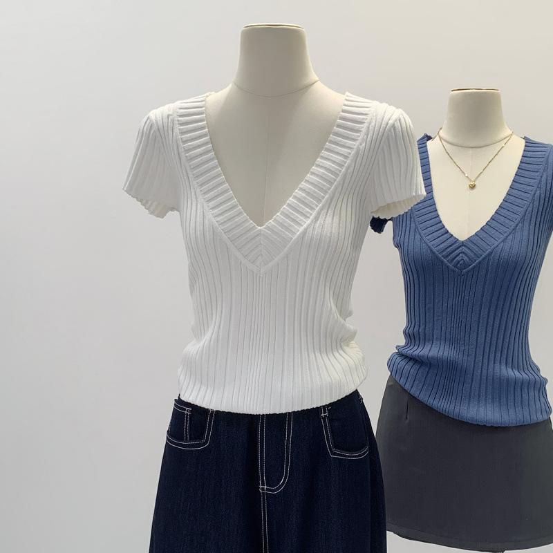 トップス 女性用 Vネック 短袖 ニット セーター 通勤用 夏季 修身 スリム フィット 超薄 純綿 接触冷感 単品 セットアップ 気質 ブラック ブルー ホワイト コットン トップス 軽量 吸湿速乾 かわいい 小上衣 インナー レイヤード 普段使い