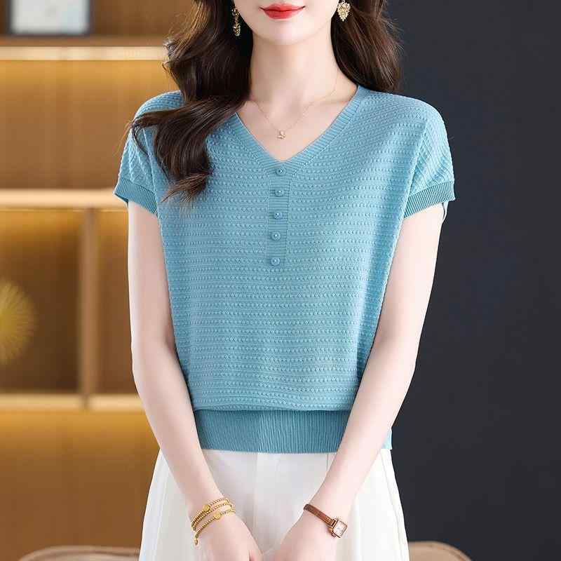 Tシャツ 女性用 春夏 大きいサイズ Vネック 半袖 針織 接触冷感 薄手 ゆったり トップス 通勤風 気質 レイヤード ソリッドカラー ピンク ブルー ベージュ オレンジ イエロー 再生繊維 ポリエステル 吸湿速乾 軽量 伸縮性 普段使い