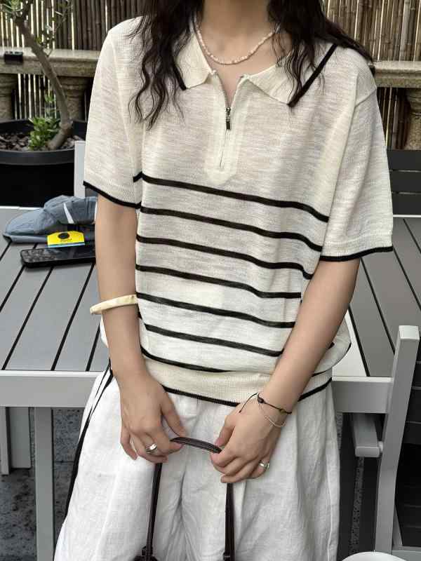 女性 トップス ポロカラー 半拉? 条紋 半袖 ニット シャツ ゆったり 親肌 接触冷感 切り替え 薄手 ワイドシルエット 通常袖 三分丈 普通丈 白 黒 日韓カジュアル 普段使い 吸湿速乾 再生繊維 綿混 春夏｜トミーショップ 店