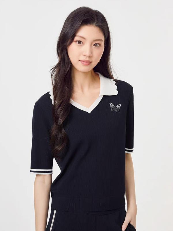レディース ニット トップス ポロカラー 半袖 Tシャツ 修身 スリム フィット 気質 通勤 普段使い 粘膠繊維 再生繊維 薄手 接触冷感 吸湿速乾 ナビーブルー 蝶柄 純色 セットアップ シングル アイテム 普通丈 50cmから65cm 電気メッキ加工 9,532円