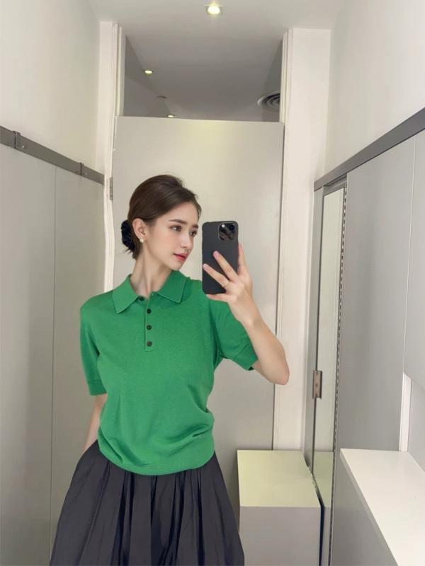 ニット トップス レディース 春夏 修身 羊毛混紡 POLOシャツ セットインスリーブ 5分丈袖 プルオーバー ボタン ミドルゲージ グリーン グレー 気質 通勤 普段使い 吸湿速乾 伸縮性 免?加工 普通丈 50-65cm 単品 純色 優雅 スタイル