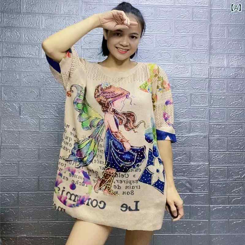 Tシャツ 女性用 夏 接触冷感 薄手 幅広シルエット ファッション プリント ラインストーン ニットトップス かわいい 漫画風 半袖 丸首 ルーズフィット 再生繊維 伸縮性 カーキ ゆったり 日常使い ラフスタイル