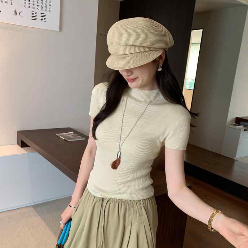 ニット トップス 女性用 レイヨン 接触冷感 薄手 半高領 正肩 短袖 修身 セットインスリーブ ソリッドカラー 米杏色 薄荷ブルー ネイビー ブラック 通勤スタイル 軽量 吸湿速乾 春夏 気品 プルオーバー