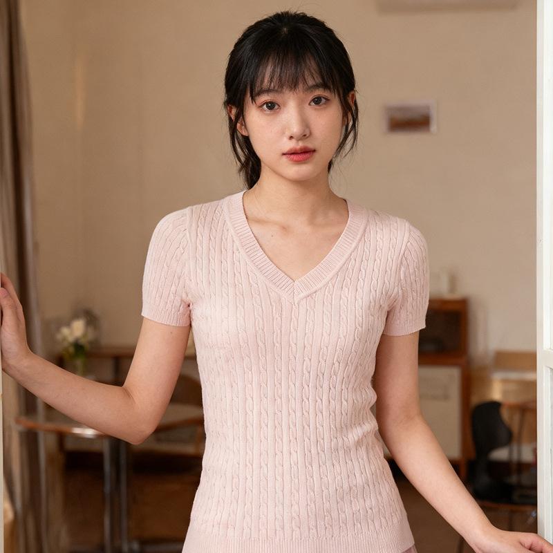 ニットトップス 女性用 春夏 気質通勤 ピンク系 Vネック 短袖 ひねりロープ セットイン 針織 修身シルエット 基本款 純色 ナイロン混 接触冷感 吸湿速乾 軽量 伸縮性 ブラック ホワイト イエロー ライトブルー パープル ワインレッド アイボリー (x10)
