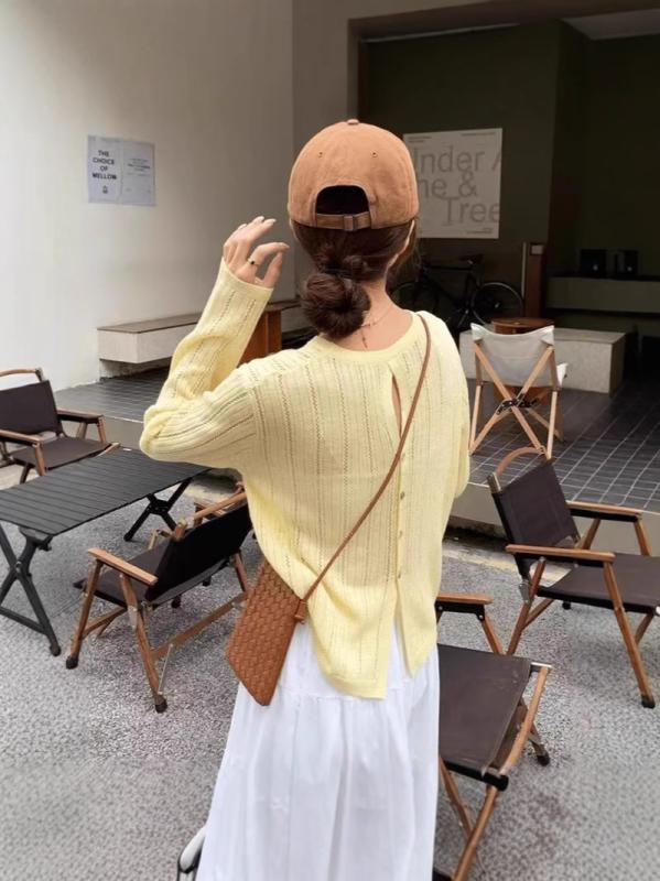 長袖ニット トップス 女性用 春夏 接触冷感 切り替え デザイン 防晒 麻 再生繊維 薄手 ゆったり 丸首 ボタン あんず色 ブルー ライトイエロー かわいい 爽やか 普段使い