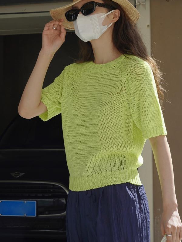トップス レディース 春夏 接触冷感 麻風 ニット 丸首 短袖 ゆったり 切り替え 吸湿速乾 軽量 通気性 黄色緑 ベージュ ピンク 韓国風 普段使い かわいい カジュアル