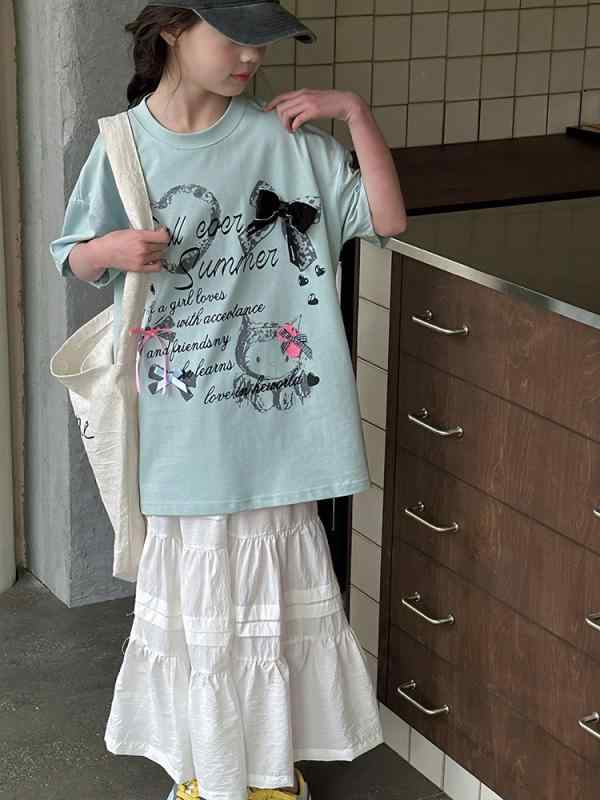 女児 トップス 女の子 子供服 短袖 Tシャツ 夏 春夏 韓国風 プリント 柄物 かわいい 洋気 ゆったり 普段使い 綿 吸湿速乾 柔らかい 丸首 ブルー グレー 120cm 130cm 140cm 150cm 160cm 170cm