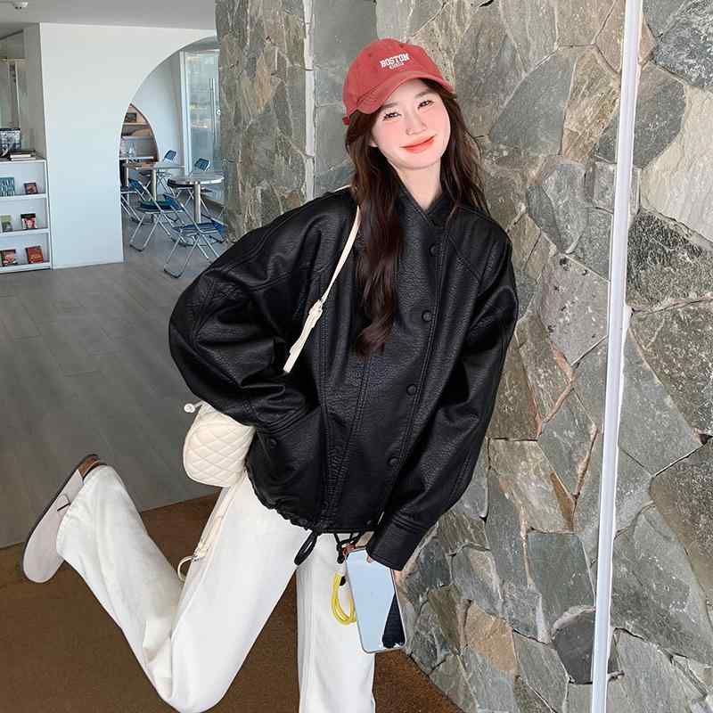 レディース なめし革 上衣 照明ランプ色つや ロング捩り 広々とした影ぼうし アウター バイカースタイル ルーズフィット 表どおり流行り物 黒 合皮 長袖 衣嚢 シングル前胸部 合成物製作 風合い感 ビンテージ ドローストリング