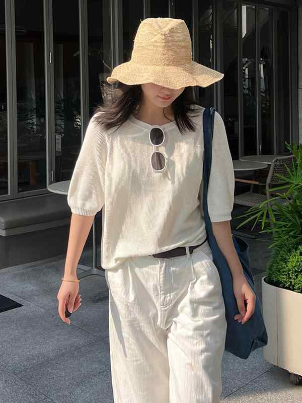 レディース ニット トップス 麻混紡 薄手 Vネック 七分袖 セットインスリーブ 春夏 秋 気質 通勤 かわいい シンプル 高級感 ホワイト パープル 切り替え レースアップ 軽量 通勤風 オフィス カジュアル 普段使い