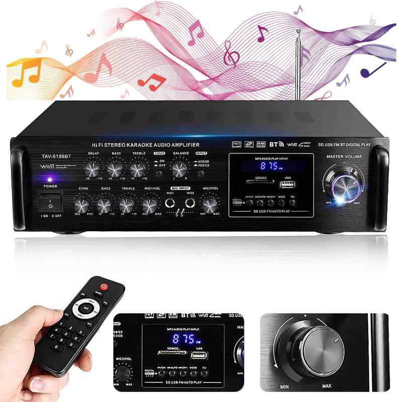 FMカラオケアンプリファイアー Bluetooth オーディオサウンドアンプ 力強さアンプリファイアー HiFi 車載 身寄り用 デジタル アンプリファイアー 2000W RC受け支える 2マイクロホン/SD/USB界面 盛りだくさんな外の方音源を繋ぎ合わせる能力のある TAV-6188BT パーテ
