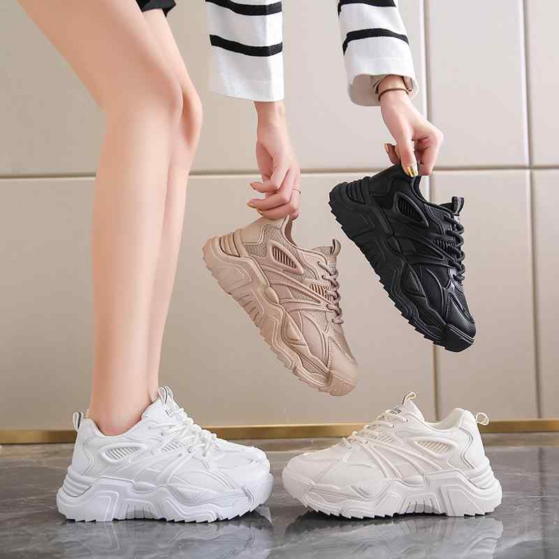 レディース スニーカー インスタイル かわいい 軽量 透気性 厚底 系帯 ランニングシューズ 学生向け 普段使い 日韓風 丸トゥ 人造PU素材 純色 パターン ブラック 米色 低・悉 松・啾底 注塑 秋 秋冬 コットン内里 皮革ソール ユニセックス アクティ