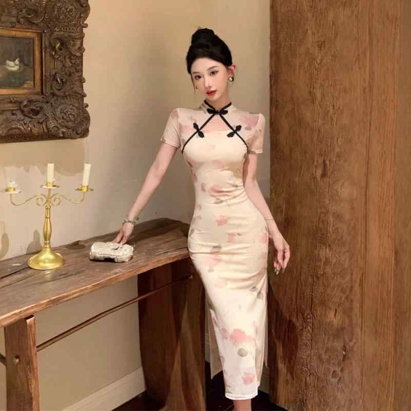 ワンピース 女性用 夏 フレンチプリント ウエストマーク スリムフィット レース袖 スリットスカート 短袖 立襟 中長丈 切り替えデザイン 花柄 ?綸素材 吸湿速乾 軽量 通勤 デート 宴会 パーティー かわいい 復古風