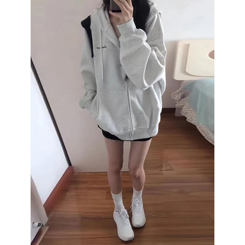レディース フーディ 開襟 ジップアップ コート 長袖 コットン 素材 春秋 薄手 ゆったり シルエット 韓国 スタイル 慵? 風 コットン95%以上 都市 通勤 スタイル 気質 ポケット 付き リブ 仕上げ 飛袖 デザイン ホワイトフラワーグレー ブラ