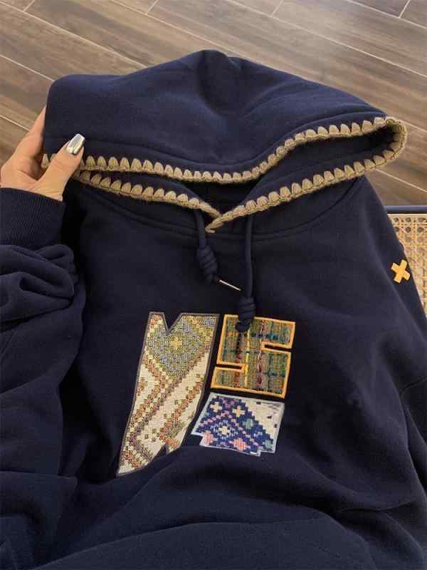 レディース フーディ 秋冬 刺繍 ビンテージ デザイン スウェット トップス ワイドシルエット ゆったり ルーズフィット 気質 通勤 スタイル 長袖 セットインスリーブ フード付き コットン混 複合素材 ライトグレー ネイビー カラーバリエーション ゆっ