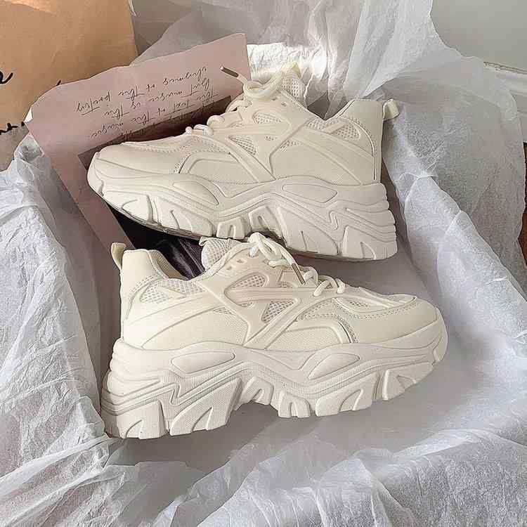 女性 厚底 スニーカー 丸トゥ 系帯 単色 運動 シューズ ランニング 靴 ローカット ミッドソール 3-5cm ヒール PU メッシュ ネット生地 ラバーソール 注塑加工 メンズライク 秋 秋冬 ブラック 米白色 ベージュ 軽量 通勤 普段使い スポー