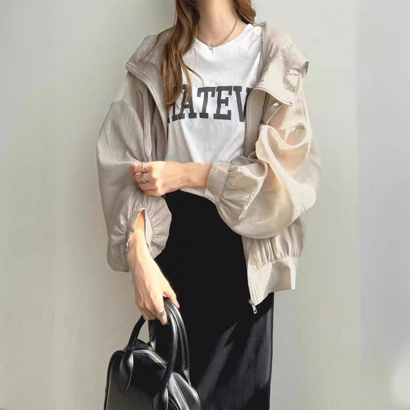 防晒外套 女性用 夏 紫外線対策 遮陽 軽薄 連帽 長袖 ラグランスリーブ ルーズフィット 単品 薄手 普通丈 ジッパー 立体裁断 天竺リヨセル 再生繊維 80パーセント以上 無地 ・柑其 ブラック ホワイト グレー ネイビー ライトグリーン ライトブルー