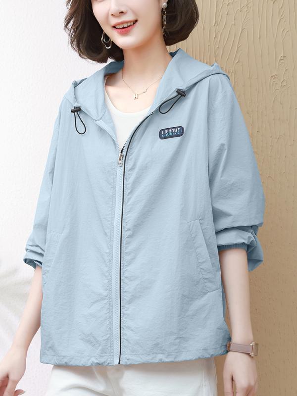 カーディガン レディース 防晒 夏服 軽薄 短丈 外套 ワイドシルエット 大きいサイズ 母親向け カジュアル 開き 長袖 フード付き ポケット ナイロン 再生繊維 純色 グリーン ライトブルー オレンジ ベージュ 通勤 気質 ミドル厚 普通丈 ジッパー