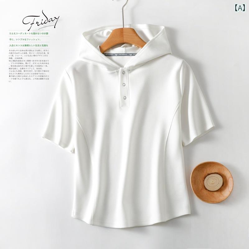 レディース フーディ 連帽 短袖 Tシャツ トップス 春夏 かわいい 減齢 スリム 綿 液体アンモニア加工 富士綿 白色 丁香紫 果緑 ライトブラウン スカイブルー ブラック 日韓カジュアル 快適 普段使い 軽量 吸湿速乾 ビッグシルエット ルームウェア