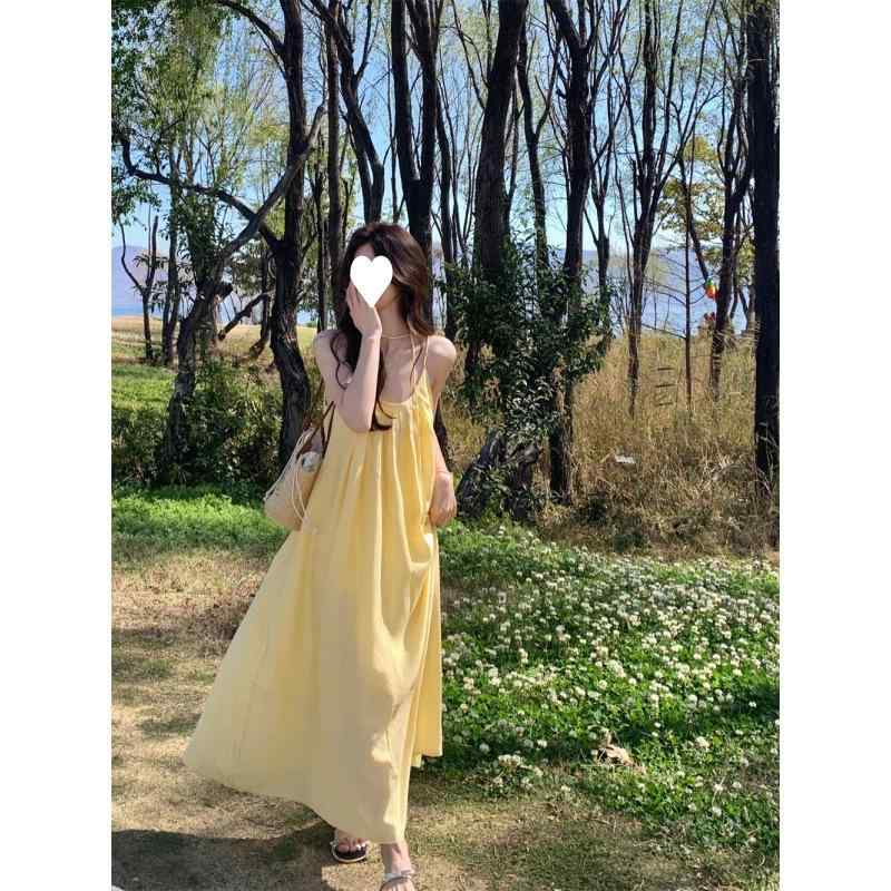 ワンピース レディース 吊り紐 黄色 夏 海辺 バカンス ストリート 切り替え ポリエステル 無袖 ゆったり Aライン ロング 軽量 吸湿速乾 涼しい かわいい 普段使い