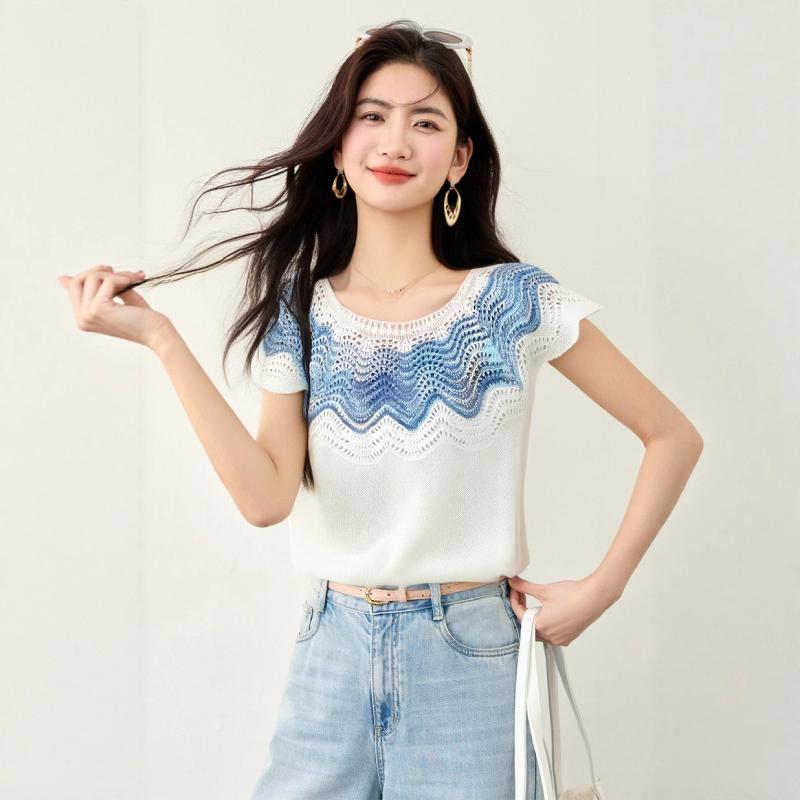 Tシャツ 女性用 夏 ボヘミアン風 ニット トップス 短袖 白色 直筒型 短丈 丸首 切り替え 刺繍 レース クロシェ 軽量 吸湿速乾 通気性 休暇 リゾート 気質 優雅 私服 普段使い シンプル かわいい フレンチスタイル