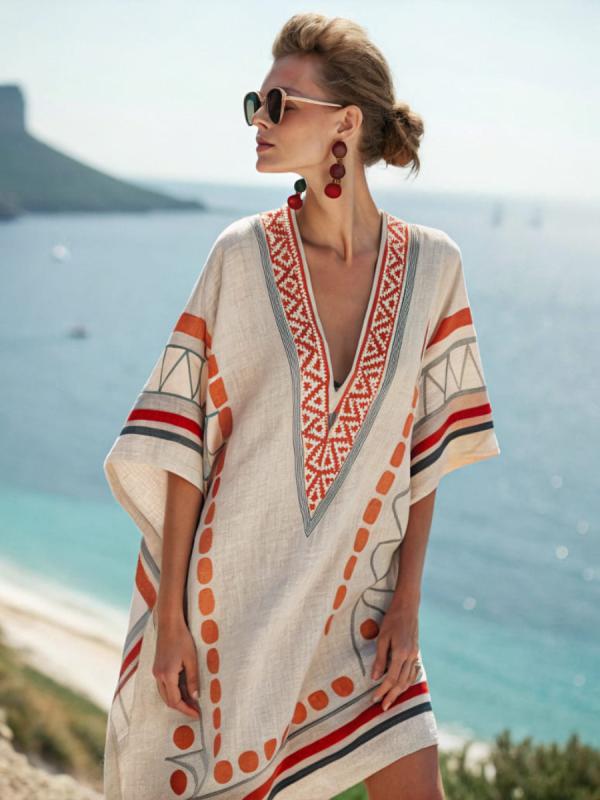 ワンピース レディース Vネック 短袖 ワンピース 印花 ワイドシルエット 中長丈 ワンピース 海辺 バカンス ビーチドレス ステッチ柄 ストリップ柄 ドット柄 波柄 幾何学柄 ポリエステル 混紡 ゆったり デザイン 気品 通勤 スタイル 英国風 優雅