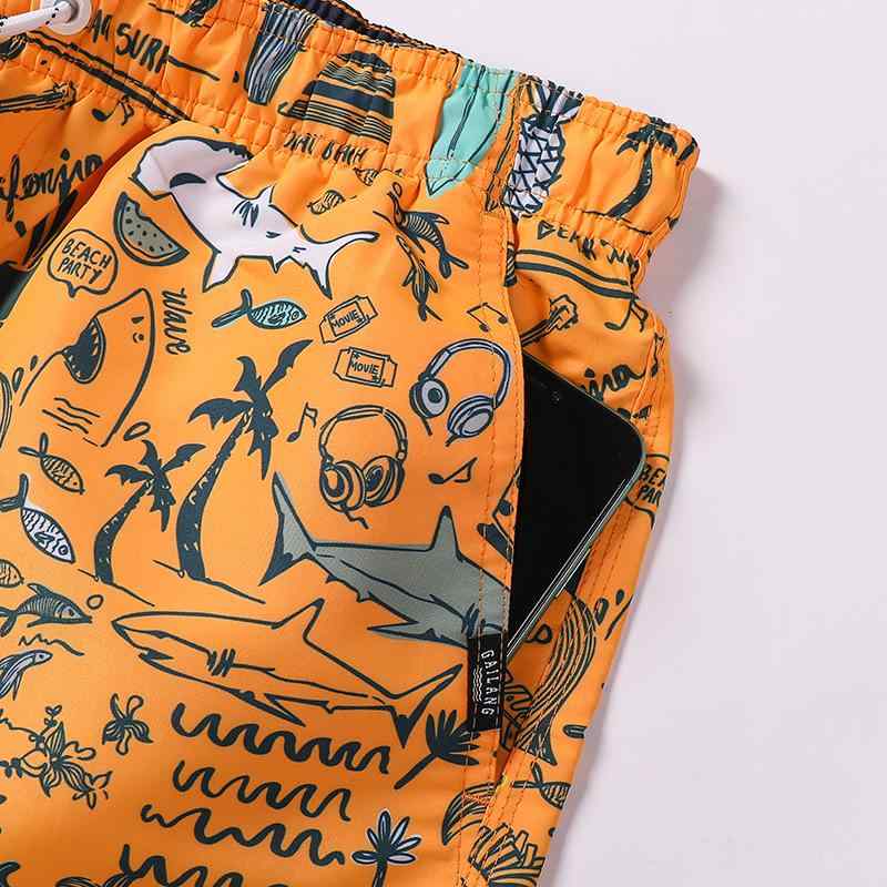 メンズ ビーチパンツ 夏 半袖 短パン 透気性 ?綾 ポリエステル 低腰 直筒 微弾性 休暇 リゾート 東南アジア スタイル カジュアル ビーチウェア 軽量 吸湿速乾 カラーバリエーション オレンジ ブルー ピンク ヒョウ柄 ブラック グリーン イエロー