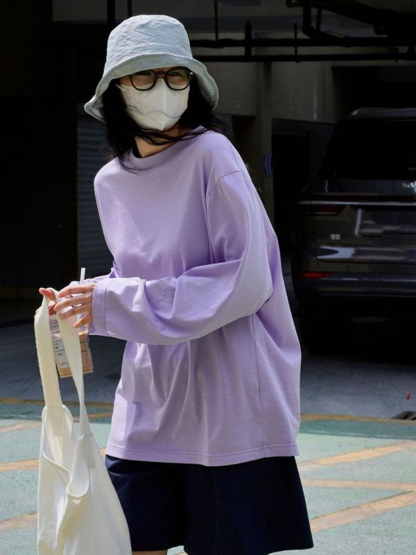 Tシャツ 女性用 夏 長袖 丸首 ゆったり スリム効果 透気性 防紫外線 接触冷感 綿素材 光沢糸 切り替えデザイン 純色 中長丈 軽量 白色 深灰色 粉紫色 私服 御姐風