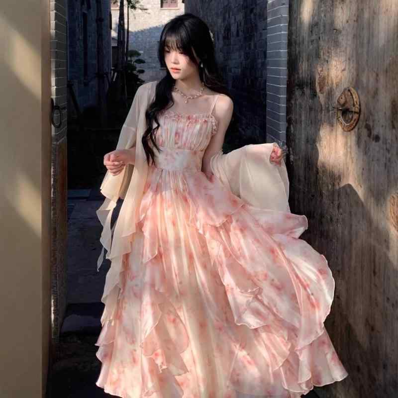 ワンピース 春夏 長袖 Aライン ハイウエスト 収腰 プリンセススリーブ ノーカラー ストラップ フリル ヘム 染め柄 プリント フラワー柄 ポリエステル 気質 通勤 スタイル エレガント ロング丈 基本 デザイン 単品 セット 開襟 紐 締め 95%以
