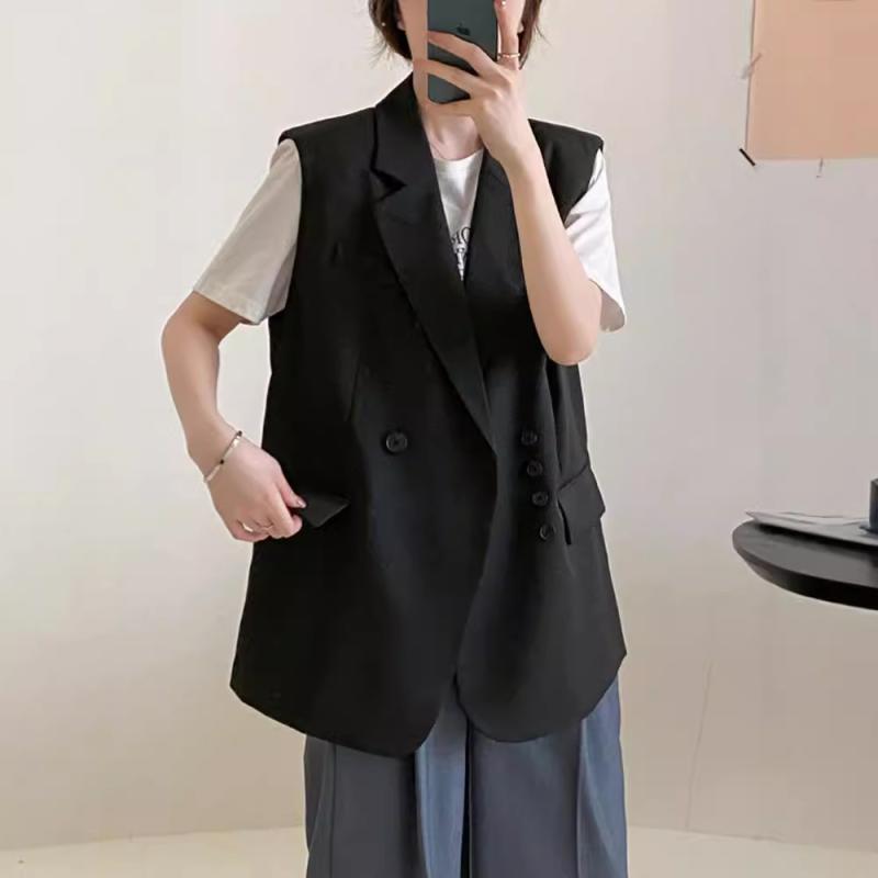 レディース ジャケット 馬甲 キャミソール 女性用 黒 ベージュ カーキ 通勤 気質 秋 御姐風 西装領 ハンギングネック ミドルレングス ポケット ジッパー ワイドシルエット ポリエステル 95%以上 ゆったり デザイン ユニーク 肩掛け インナー レ