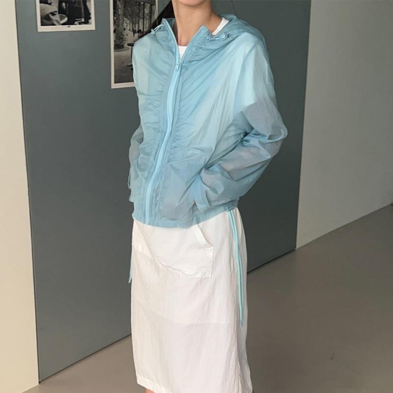 防晒 ロングスリーブ トップス レディース 韓国風 軽量 薄手 街頭スタイル 修身 ファッション スカイブルー ホワイト グレー イエローグリーン グリーン ポケット デザイン ワイドフィット UVカット 吸湿速乾 通勤 普段使い アウトドア