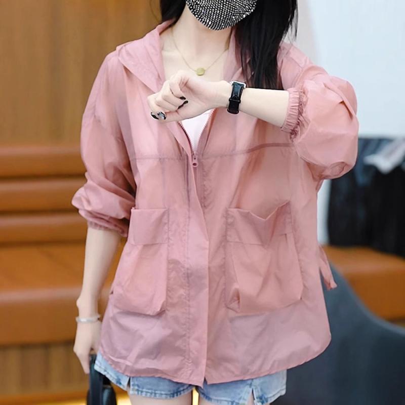 レディース 防晒ジャケット 夏 薄手 接触冷感 ポリエステル 紫色 ブルー ホワイト ピンク グリーン 長袖 立領 ジッパー ポケット ゆったり ファッション カジュアル トップス 外套 日韓スタイル 気質 優雅 普段使い アウトドア