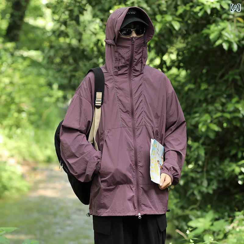 防紫外線 フード付き 防晒 トップス メンズ 夏 軽量 速乾 ニロン 接触冷感 ゆったりシルエット 韓国風 ジップアップ ポケット付き 紫 グレーグリーン ライトグレー ブラウン ブラック 釣り 普段使い 屋外 アクティブ