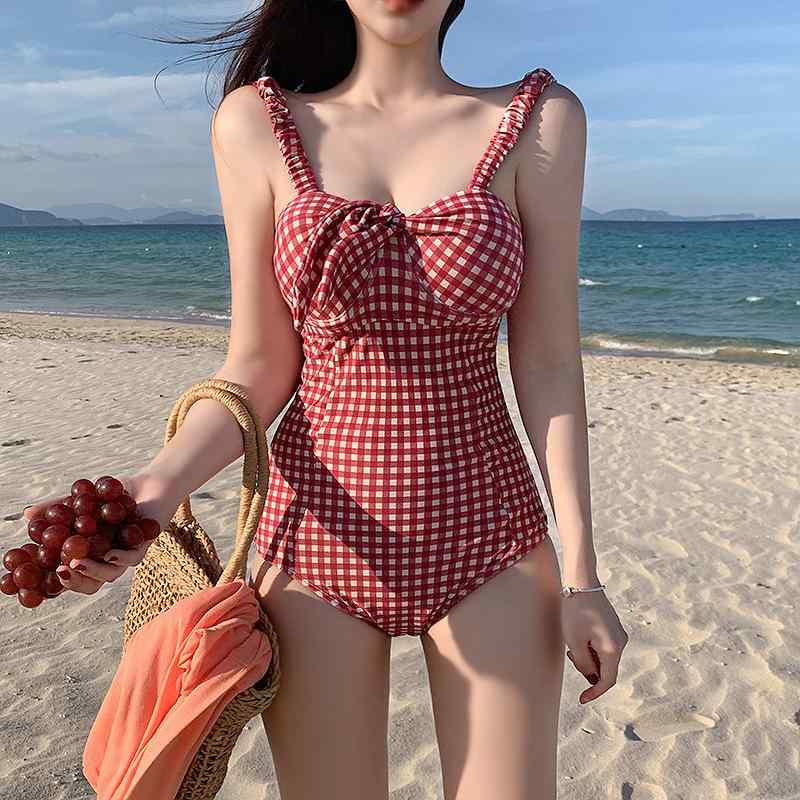 レディース ワンピース水着 温泉用 復古 クリア ミニチェック柄 スリムフィット ボディシェイプ ワイヤー入り ギャザー 学生向け ハイウエスト セクシー フレッシュ 無袖 ニット素材 伸縮性 吸水速乾 赤チェック 軽量 夏用 通勤外 プール ビーチ ア