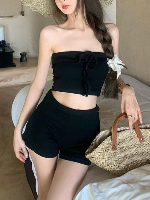 ビキニ 女性用 ブラック 無袖 保守的 セパレート スイムウェア 接触冷感 伸縮性 軽量 フィットネス ビーチ バケーション トップス フラットボトム 蝶ネクタイ デザイン 純色 セクシー シンプル