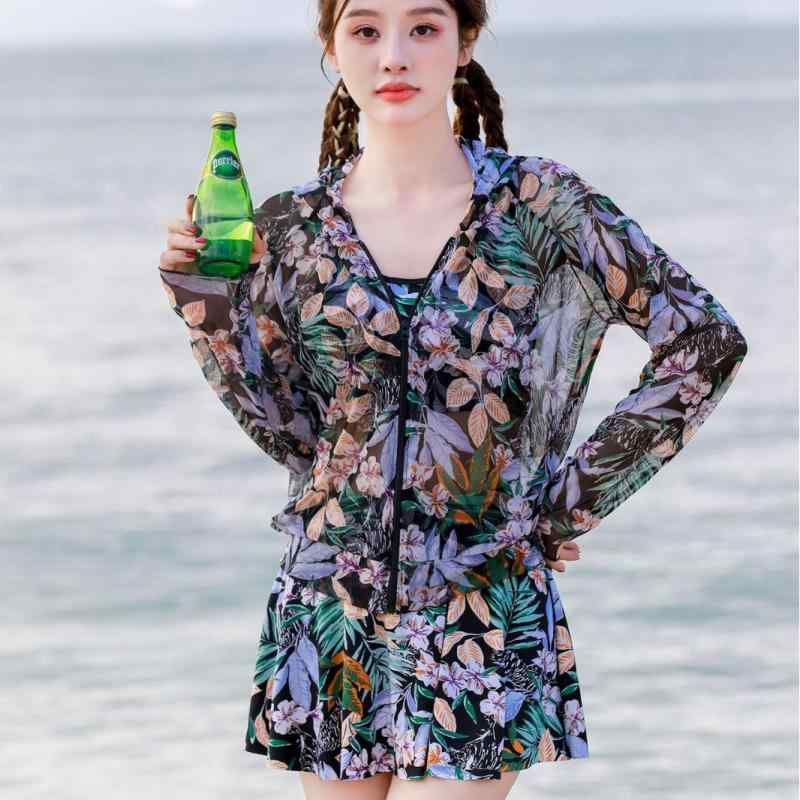 レディース ビキニ水着 セパレート 3点セット 腹部カバー 保守的 速乾 厚手 伸縮性 花柄 ブラック グリーン 接触冷感 ポリエステル プール用 ビーチ用 女性用 ゆったりシルエット かわいい 軽量 高弾性