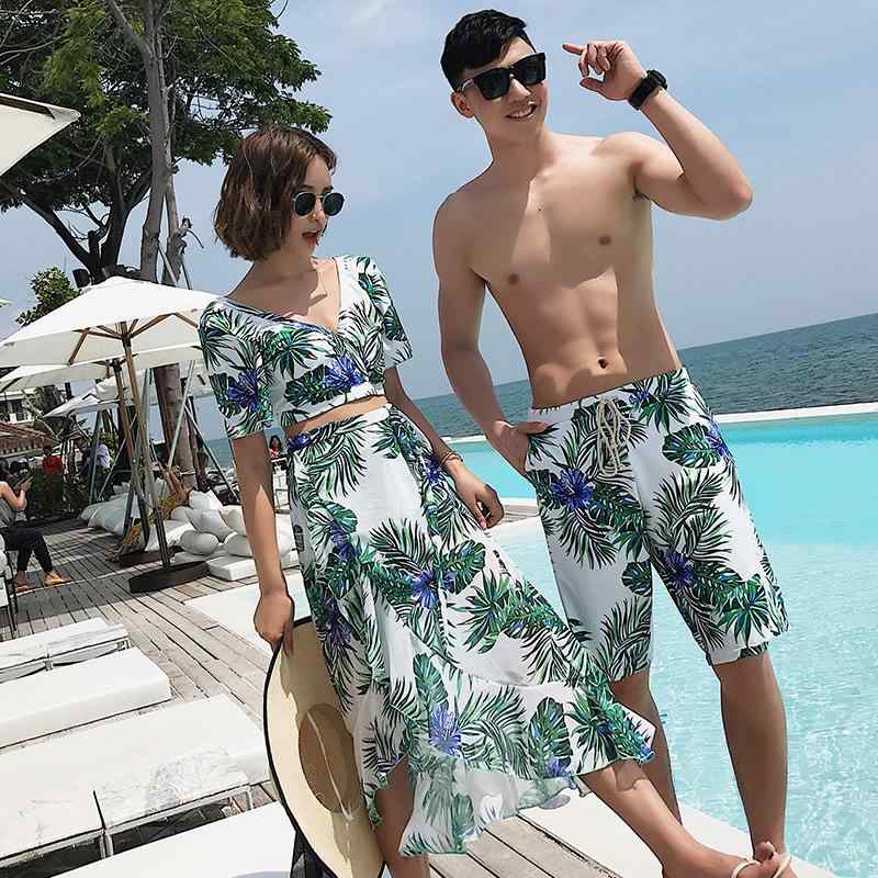 情? スイムウェア セット 男女兼用 セパレート ファッション フラワー柄 小清新 保守的 女性 3点セット セクシー 平角パンツ 男性 5分丈ショーツ ニットロン ポリエステル 繊維 速乾 伸縮性 ビーチ プール 泳ぎ 水中スポーツ ブラック ブルー