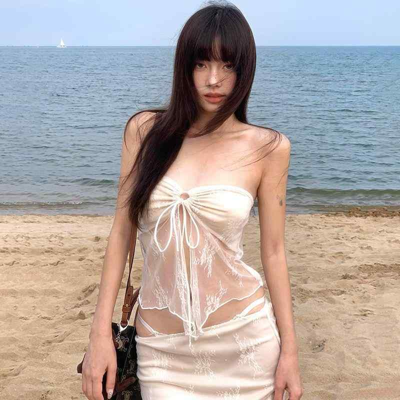 レディース ビキニ セット レース ストラップレス トップ ボトム ロングスカート 泳装 セット セクシー タイトフィット バックレス 高伸縮性 耐久性 ポリエステル 素材 アーモンドカラー 無袖 ビーチ リゾート バケーション スリム シルエット 女性