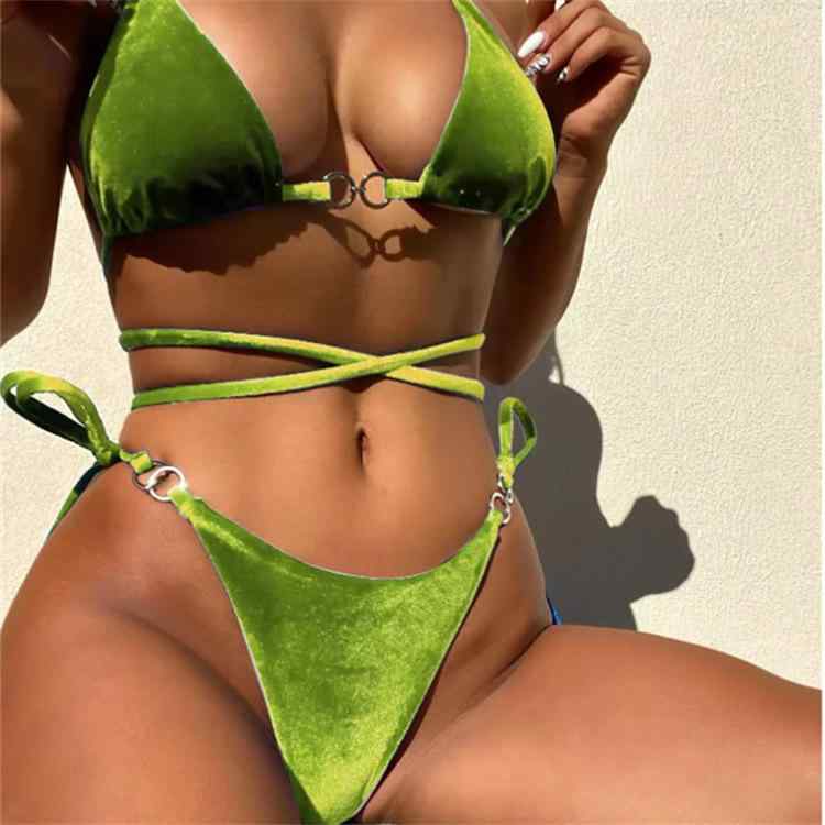 女性 ビキニ セパレート 水着 セクシー バイカラ ビキニ トップ ボトム 紐 結び デザイン 無袖 バックレス プール ビーチ スイム ウェア 赤 色 青 色 緑 色 ポリエステル 素材 速乾 伸縮性 軽量 快適 フィット 女性用 夏 スイムスーツ セ