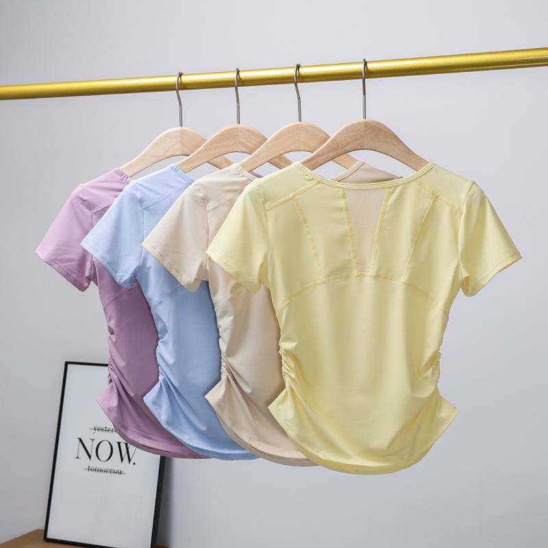 レディース ヨガウェア 短袖 Tシャツ 接触冷感 吸湿速乾 防晒 透気性 ストレッチ 修身 スリムフィット メッシュ ピラティス ランニング フィットネス ダンス トップス ブラック ブルー ピンク ベージュ イエロー 女性用 運動着