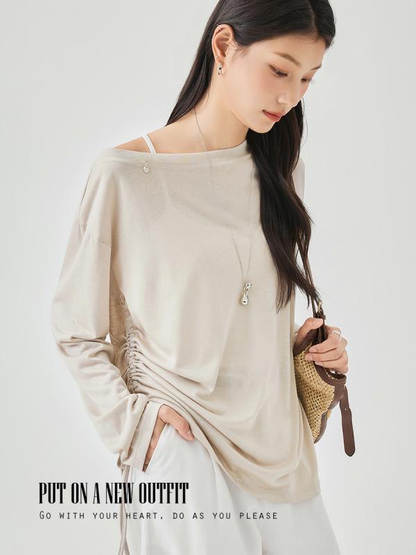 Tシャツ 女性用 夏 長袖 透け感 肩出し ラウンドネック ゆったりシルエット 中長丈 接触冷感 天竺 ポリエステル 再生繊維 ブラック ホワイト カーキ かわいい ゆったり風 日韓スタイル 軽量 吸湿速乾 日常使い(x3)