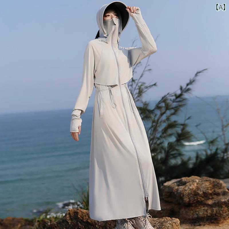 レディース 防晒服 長袖 全身 紫外線カット スカート 夏 接触冷感 透気 速乾 超軽量 遮光 薄手 コート 連帽 浅灰色 漠北・稀 淡黄色 アイスホワイト 深灰色 浅ピンク クラシックブラック カジュアル