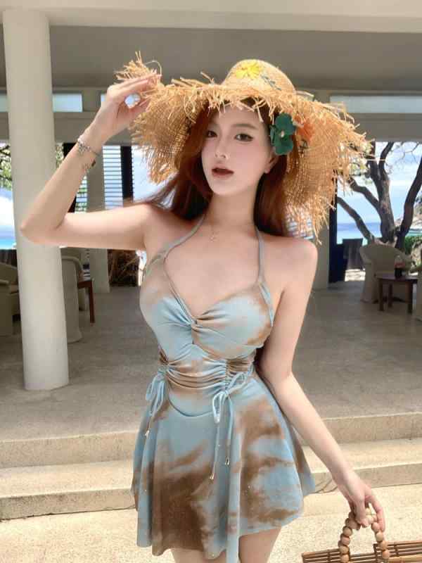ワンピース 水着 レディース 夏用 連体 ハルネック バイカラータイ タイダイ柄 切り替えデザイン 保守的 長袖 背中開き セクシー 遮肉 スリミング 胸小対応 ギャザリング 吸湿速乾 伸縮性 ?? ・届? 軽量 プール用 海水浴 ビーチウェア 女性用 成