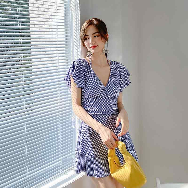 ワンピース水着 レディース 女性用 韓国風 ハイウエスト 細格子柄 細ストライプ 背中開き 小清新 保守的 細胸用 ワイヤー入り 胸パッド付き 温泉水着 ピンク ブルー ニットロン ナイロン ポリエステル 吸水速乾 伸縮性 軽量 プール用 海水浴用 スイ