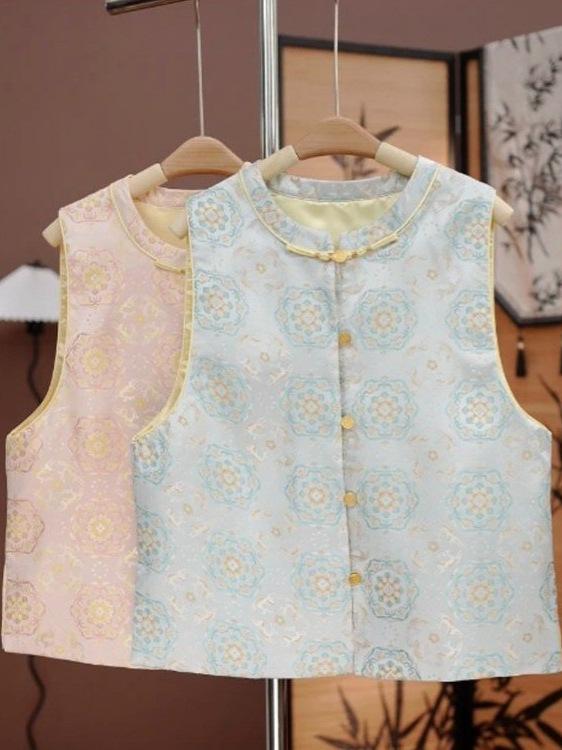 女性用 ベスト 復古 刺繍 スリム コーディネート 通勤風 藕色 ブルー 立襟 ボタン 春季 気質 ファッション レイヤード 着用 外出